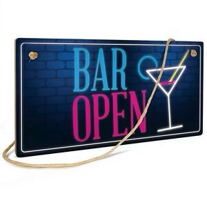 Bar Open Neon Style Cocktail Wall Hanging Sign w / Rope 9.5” Cool Fun Home Decor